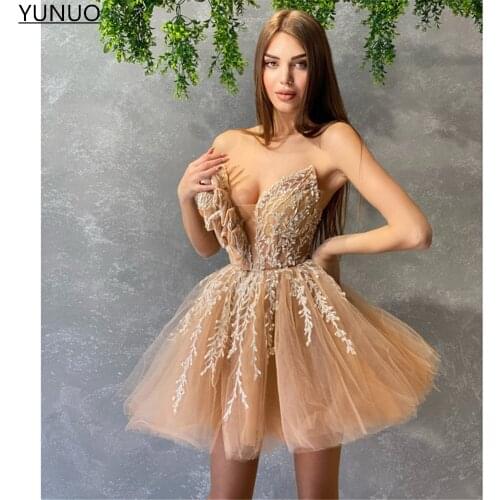 YUNUO Sexy Tulle A-Line robes de cocktail dresses V-Neck Sleeveless Beading Homecoming Party Gowns Short Prom Dress Mini Length