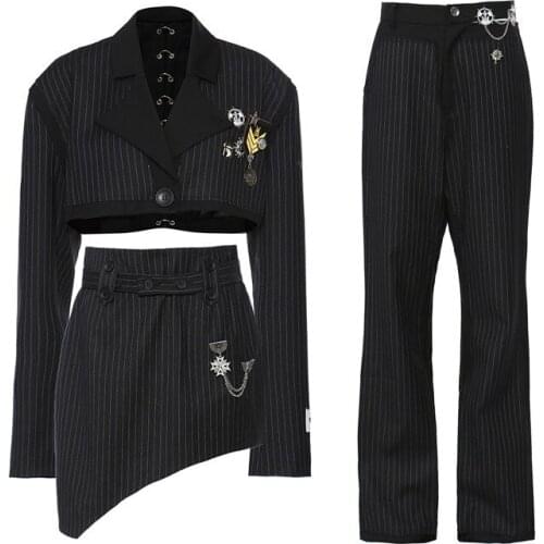 SeeBeautiful Three Pieces Striped Spliced Notched Long Sleeve Coat Irregular Skirt Pants Women Autumn 2021 New Fashion G520