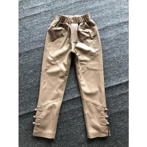 Real leather pants Buckle sticthing elastic waist Genuine sheep Leather pants female was thin leather pants with pockets F1567