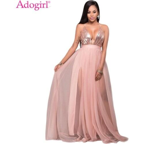 Adogirl Women Sexy Maxi Evening Party Dresses Sequins Mesh Patchwork Deep V Neck Spaghetti Straps Backless Long Club Dress