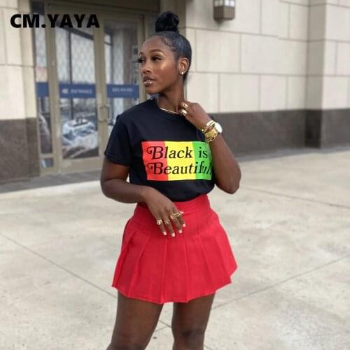 CM.YAYA Women Set Print Short Sleeve T-shirts Tops Mini Pleated Skirts Two 2 Piece Sets Casual Fashion Outfits Summer Tracksuits