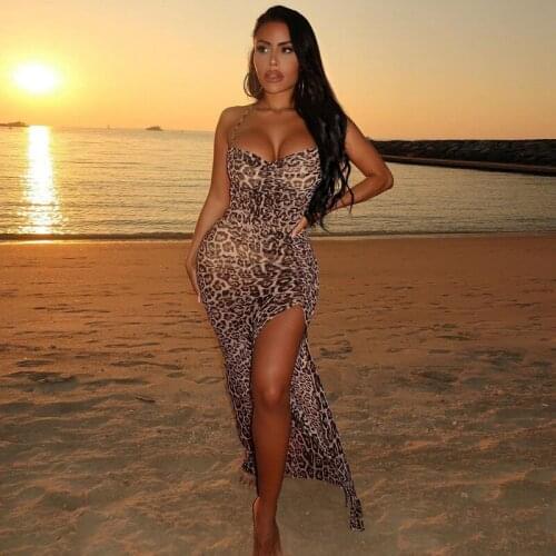 Leopard Print High Split Summer Long Dress 2021 Sleeveless See Through Dresses For Women Sexy Clubwear Party Vestidos S/M/L