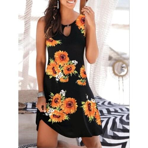 Womens Summer Cool Printed Dress Deep V-neck Loose Shoulder Casual Beach Dress Holiday Vacation Sleeveless Beach Dress