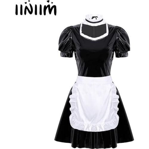 Women Adults French Maid Dress Cosplay Latex Costume Sexy Female Clubwear Puff Sleeve A-line Mini Dress with Apron and Headband
