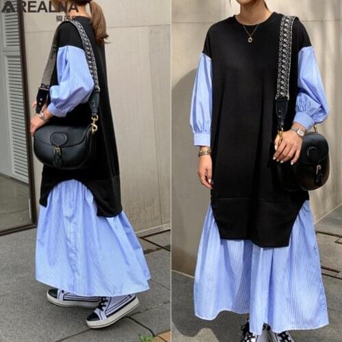 Dresses for women 2021 autumn long sleeve Knit Splicing striped shirt drsss plus size vintage casual loose maxi dress robe femme