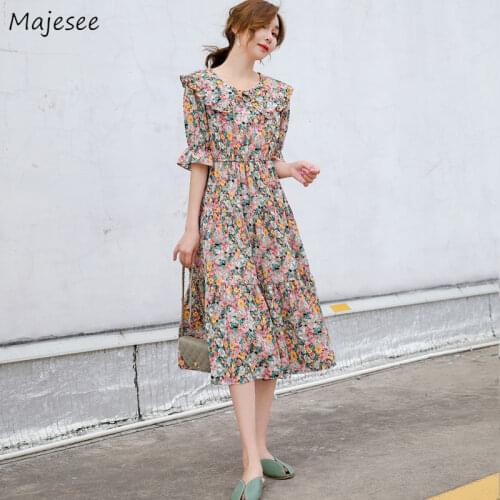 Dress Women Vintage Japanese Style Peter Pan Collar Half Sleeve Rustic Floral Ruffles Summer Fashion Female Chic Casual Vestidos