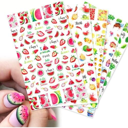 1pc 3D Nail Slider Summer Fruit Decals Adhesive Nail Art Stickers Watermelon/Strawberry/ Tropical Flamingo Decals Nail Wraps