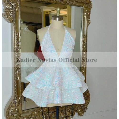 Sext Mini White Prom Dresses 2021 for Black Girl Halter Neck Sequin Lace Evening Cocktail Dress Vestido De Fiesta