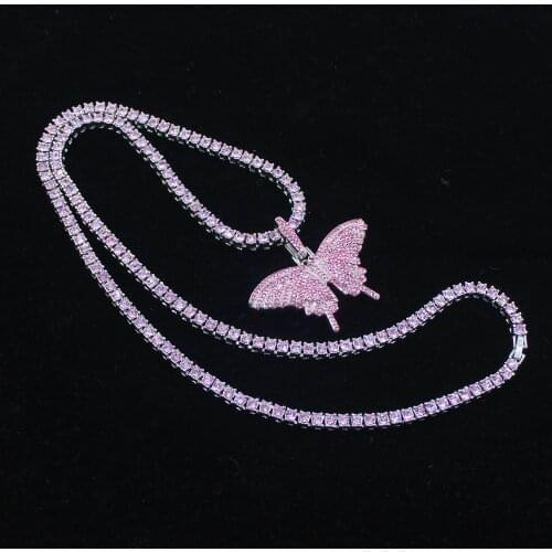 5MM Fashion 1 Row Rhinestone Mens Hip Hop Necklace Rap Singer Ice Tennis Chain Shiny Womens Butterfly Charm Pendant 59MM