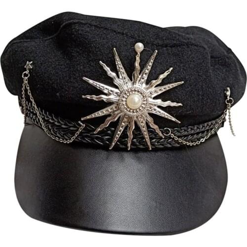 Women Girls Cute Black Lolita Cap Casquette Peaked Cap Steampunk Metal Chain Props Gothic JK Beret Cool