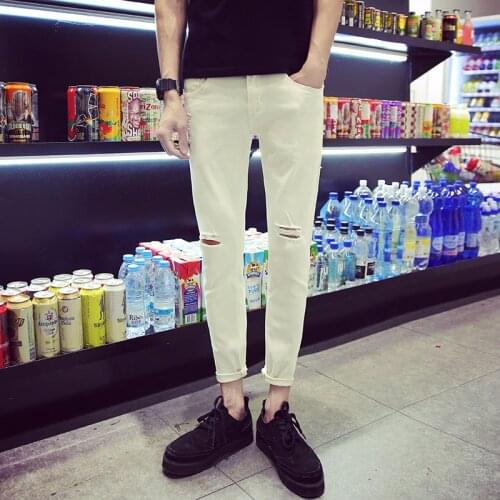 2021 New arrival Spring Summer Knee hole men cowboy hip hop street black denim skinny jeans men teenagers Ankle length pencil