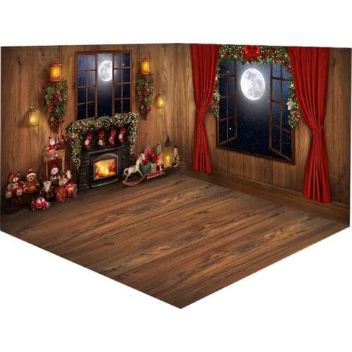 Toy Bear Wood Christmas Fireplace Backdrop for Photography Windows Full Moon Night X-mas Tree Family Holiday Party Decoration