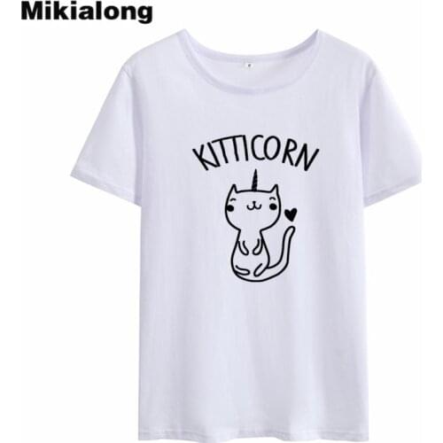 Mikialong Cartoon Kitticorn Cat Kawaii Tshirt Women 2018 Summer Black White Cotton Tee Shirt Femme Loose Tumblr T-shirt Women