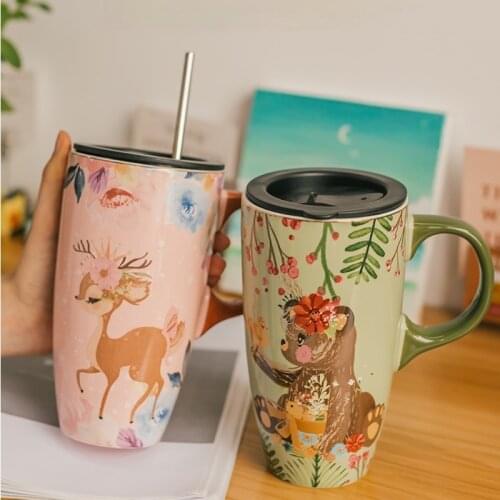 Cute Cup Arge-Capacity Ceramic Mug Cup With Lid And Straw Water Cup Coffee Mug Japanese Cup Couple Cups