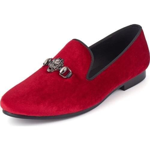 Harpelunde Men Loafer Shoes Skull Buckle Red Velvet Flats Size 6-14