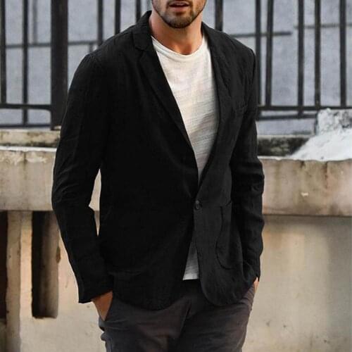 Men Autumn Solid Color Long Sleeve Pockets Cotton Linen Slim Blazer Coat Jacket