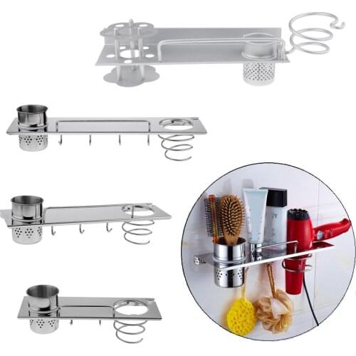 Wall Mounted Hair Dryer Holder Rack Storage Towel er Comb Toothbrush Bathroom Organizer with Cup Hooks Stainless Steel