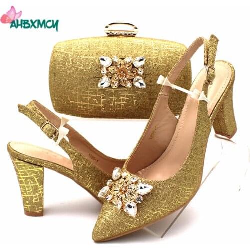 Latest Matching Shoes and Bag Set For Wedding Party African Women Shoes and Bag Set Italian Lady Shoes and Bag Set in Golden