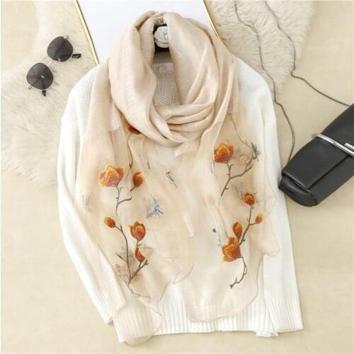 New Silk Wool Scarf Tulip Embroidered Women Fashion Shawls And Wraps Lady Travel Pashmina High Quality Winter Scarves Wholesale