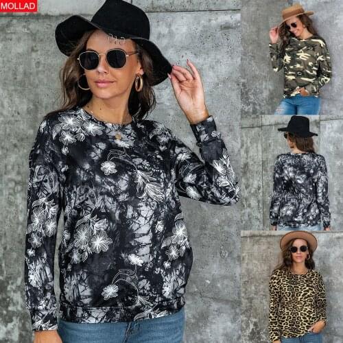 2021Autumn and Winter European and American Womens Clothing Leopard Print Long Sleeve round Neck Blouse Womens Clothing