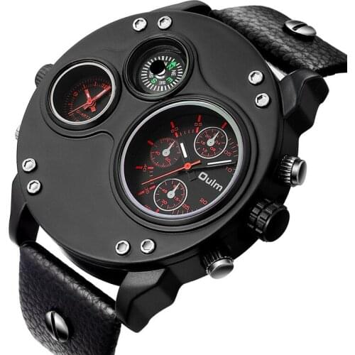 OULM 3741 Sports Watch Men Quartz 2 Time Zone Leather Army Military Compass Decoration Black Big Case Top Brand Men Wristwatches
