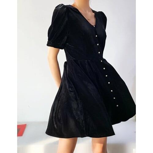 French V-neck black velvet dress retro autumn and winter Hepburn style dress skirt small waist bottoming skirt women