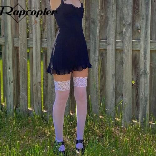 Rapcopter y2k Black Pleated Dress Tie Up Spaghetti Strap Mini Dress Women V Neck Vintage Sundress 2021 Summer Frill Short Dress