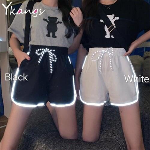 Women Reflective Side Stripes Drawstring Korean Fashion Shorts Harajuku Streetwear Hip Hop Baggy Elastic High Waist Casual Short