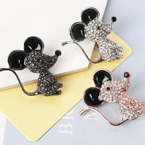 Gold Silver Color Rhinestone Mouse Rat Brooches Women Alloy Enamel Animal Casual Party Brooch Pins New Year Gifts