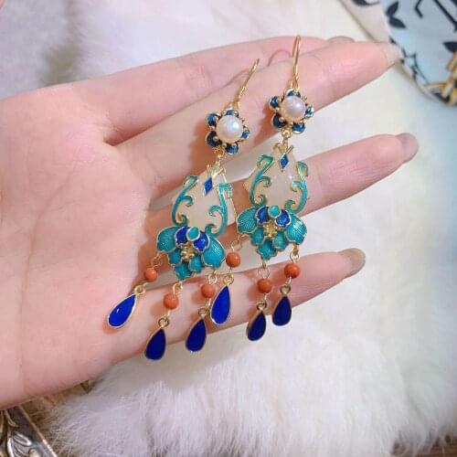 S925 Sterling Silver Gold Plated Cloisonne Natural Hetian Jade Palace Antiquity Temperament Ladies Tassel Earrings Eardrops