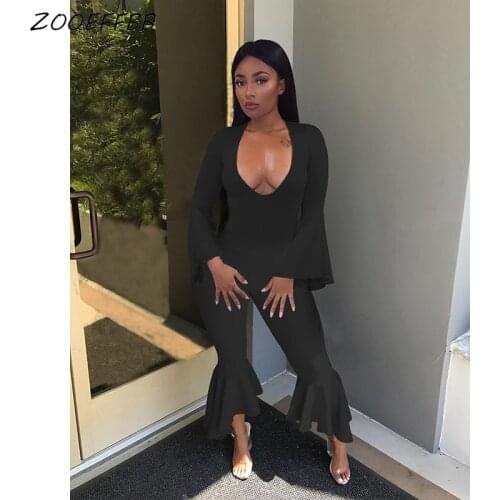 ZOOEFFBB Elegant Fall Jumpsuits Women Long Sleeve Loose Bell Pants Vacation Sexy Deep V Overalls One Piece Birthday Party Romper
