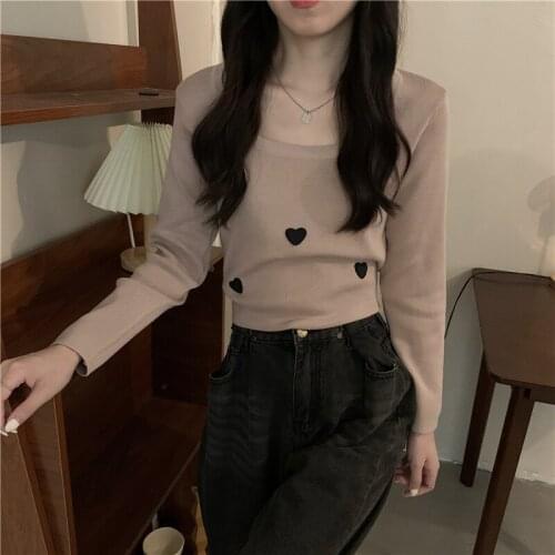Autumn new style embroidered love long-sleeved square-neck pullover knit sweater Slim slimming all-match short blouse women