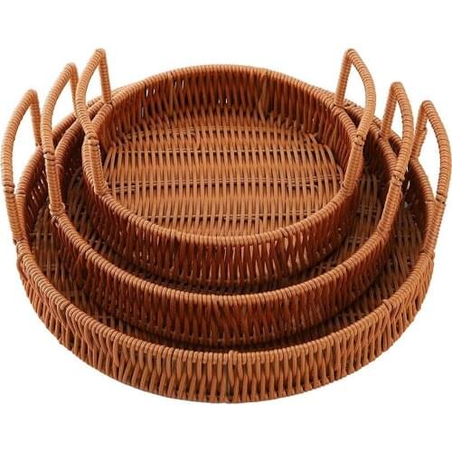 HOT-3 Pcs Woven Trays with Handles,Wicker Service Baskets,Decor Round Rattan Trays,for Bread,Fruits,Vegetables,Snacks,Etc