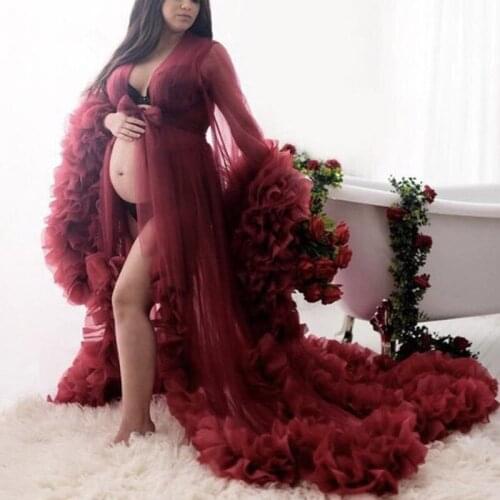 Burgundy Pregnant South African Evening Dresses A-line V-neck Long Sleeves Tulle Nigeria Saudi Arabic Evening Gown Prom Dress