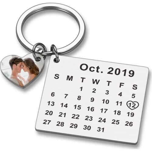 Personalized Calendar Keychain Engraved with Your Date Text Photo Stainless Steel Keyring Wedding Anniversary Keyring Gift