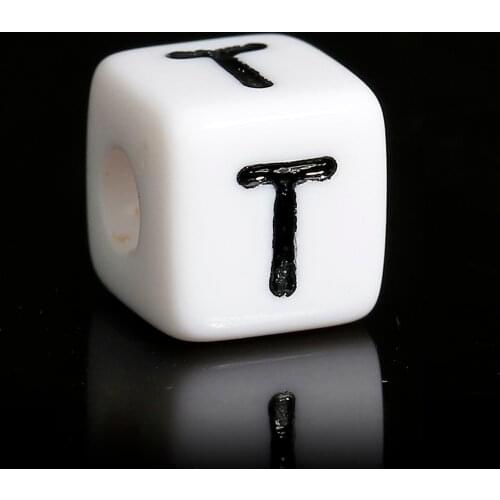 DoreenBeads Acrylic Spacer Beads Cube Black & White Enamel Alphabet /Letter " T " About 10mm( 3/8"),Hole: Approx 3.9mm,50 PCs