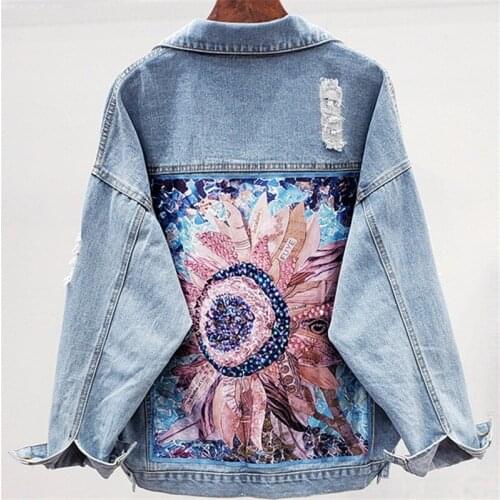 NEWDISCVR Streetwear Style Print Womens Denim Jacket Coat Diamonds Hole BF Jeans Outwear Female Casual Loose Cowboy Outwear