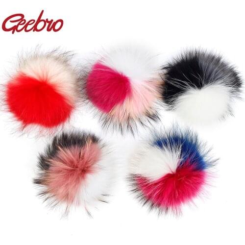 Geebro 5pcs 15cm Raccoon Fur Pompom triple color Patchwork DIY Fluffy Fur Balls Knit Cap Hat Beanies woman Knitted Scarves