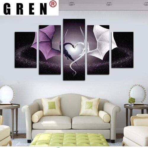 GREN Abstract Canvas Paintings Posters Prints 5 Panels Vintage Home Dragon Love Sofa Wall Art Pictures Home Decor Living Room