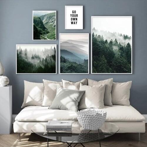 Mountain Foggy Forest Picture Nature Scenery Scandinavian Poster Nordic Decoration Landscape Print Wall Art Painting