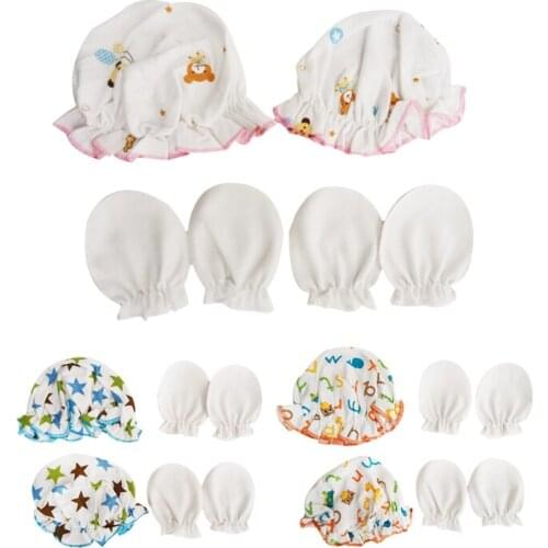 4PCS Newborn Baby Anti-scratch Gloves Cotton Lotus Leaf Lace Hat Set Handguard Newborns Infant Mittens Baby Cap Bonnet Glove Kit