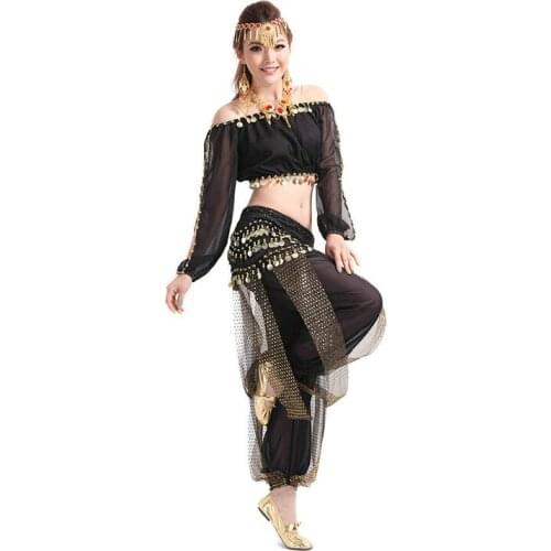 Professional Women Belly Dancing Sets Waist Chain Coat Pants Costume Wrap Sequins Belt Coin Chiffon Skirt Lantern Sleeve