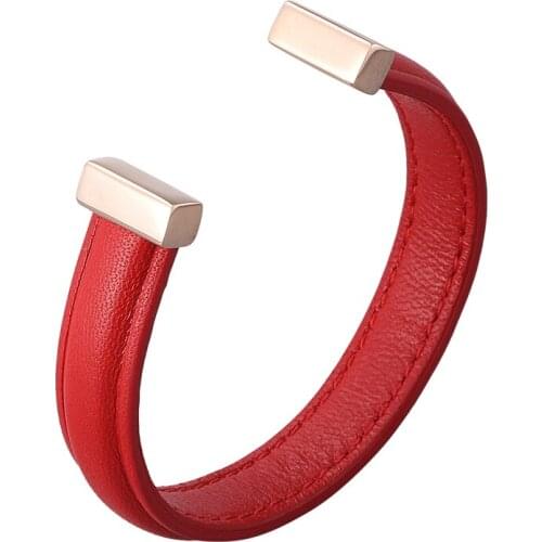 Red Genuine Leather Open Cuff Bracelet Couple Jewelry Rose Gold Color Stainless Steel Women Bangles Men Wristband Gift SP0990R