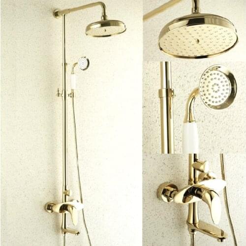 L15866 - Luxury Brass Rainfall Bath Set Overhead Shower with 180 Degree Turn Faucet Gold Color Column