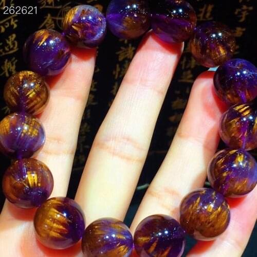 Top Natural Cacoxenite Auralite 23 Purple Rutilated Quartz Bracelet 14.4mm Clear Round Beads Bangle Women Men Genuine AAAAAA