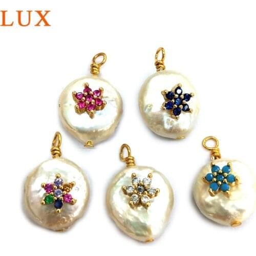 LUX Natural snow flower micro cubic zirconia paved Pearls Pendant colorful stone connector for necklace DIY Jewelry Making