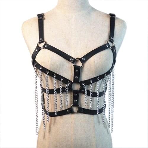 Fashion Punk Cupless Bra Top Leather Harness Belt Body Bondage Chest Straps Black Studded Rivet Cropped Top 5 Styles