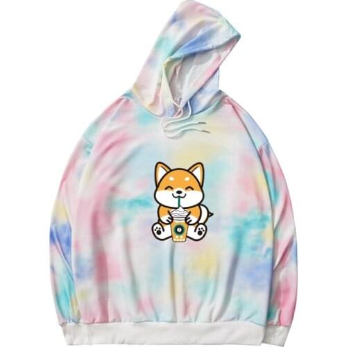 Autumn New Tie-dyed Hoodies Casual Harajuku Kawaii Funny Shiba Catoon Print Sweatshirts Women Loose Drop Shoulder Korean Clohtes