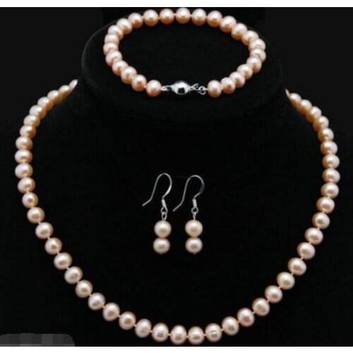 New hot Natural 9-10MM Pink Akoya Cultured Pearl Necklace 18" Bracelet Earrings Set
