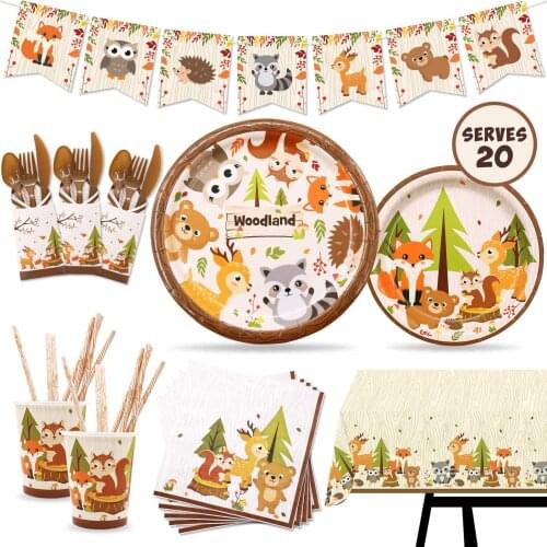 Forest Animal Theme Party Supplies Disposable Dining Tableware Plates Paper Cup Banner Baby Shower Boy Birthday Party Decoration